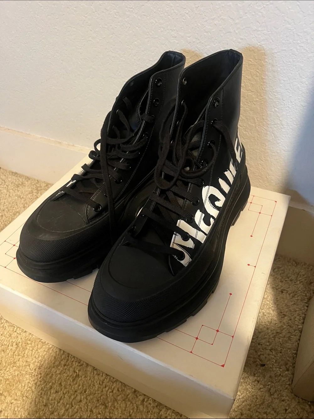 Alexander McQueen Black High-Top Sneakers with White Logo Paint